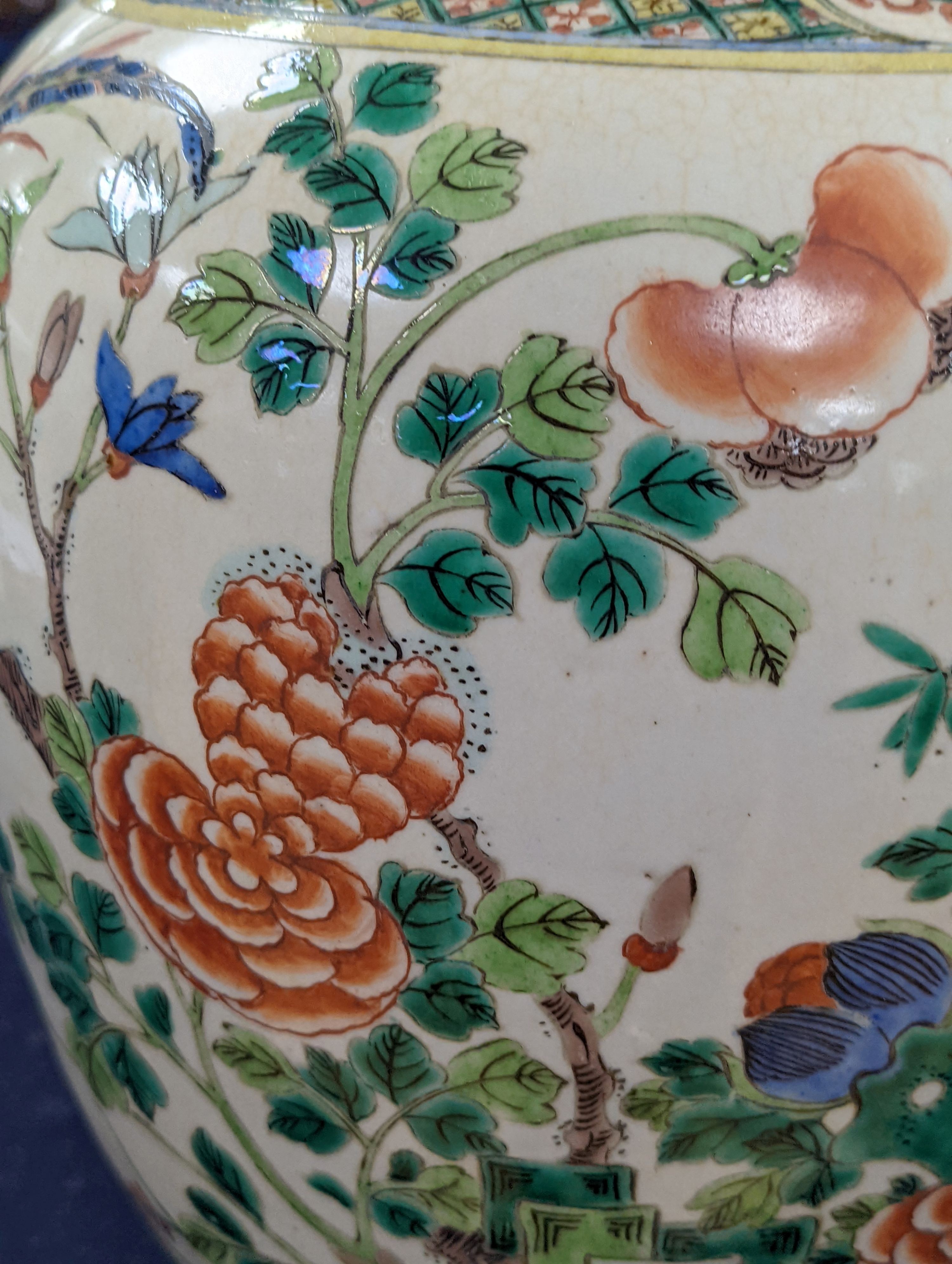 An early 20th century Chinese famille verte crackle glaze jar, 30cm